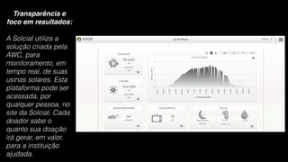 Transparência e
foco em resultados:
A Solcial utiliza a
solução criada pela
AWC, para
monitoramento, em
tempo real, de suas
usinas solares. Esta
plataforma pode ser
acessada, por
qualquer pessoa, no
site da Solcial. Cada
doador sabe o
quanto sua doação
irá gerar, em valor,
para a instituição
ajudada.
 