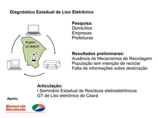 Diagnóstico Estadual de Lixo Eletrônico Pesquisa: Domicílios Empresas  Prefeituras  Resultados preliminares: Ausência de Mecanismos de Reciclagem População tem intenção de reciclar Falta de informações sobre destinação Articulação: I Seminário Estadual de Resíduos eletroeletrônicos GT de Lixo eletrônico do Ceará Apoio: 