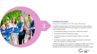 17
3
Cidadania Europeia
[O que é? | Símbolos da UE | Que Direitos]
A Cidadania Europeia traduz-se em direitos económicos, sociais e políticos.
Constitui uma possibilidade real de participação na vida política nacional,
local e europeia, através:
• da capacidade de eleger e ser eleito para o Parlamento Europeu;
• do direito de petição ao Parlamento Europeu;
• do direito de queixa ao Provedor de Justiça Europeu e à Comissão
Europeia, e
• do direito de se dirigir a qualquer uma das instituições comunitárias e
obter uma resposta na sua própria língua.
A Cidadania Europeia torna o processo de integração europeia mais relevante
para os/as cidadãos/ãs, aumentando a sua participação, reforçando a
proteção dos seus direitos e promovendo a ideia de uma identidade europeia.
 