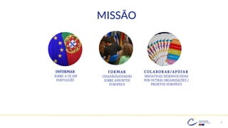 6
INFORMAR
SOBRE A UE EM
PORTUGUÊS
FORMAR
CIDADÃOS/CIDADÃS
SOBRE ASSUNTOS
EUROPEUS
COLABORAR/APOIAR
INICIATIVAS DESENVOLVIDAS
POR OUTRAS ORGANIZAÇÕES /
PROJETOS EUROPEUS
MISSÃO
 