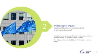 7
União Europeia - O que é?
[Valores | Objetivos | Alargamentos |
A adesão de Portugal]
A União Europeia é composta por 27 Estados europeus, democráticos e
representa cerca de 450 milhões de cidadãos e cidadãs.
Tem 24 línguas oficiais e 20 dos 27 Estados-Membros têm o euro como
moeda.
2
 