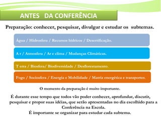 10
Ministério da
Educação
Ministério do
Meio Ambiente
Preparação: conhecer, pesquisar, divulgar e estudar os subtemas.
É durante esse tempo que todos vão poder conhecer, aprofundar, discutir,
pesquisar e propor suas idéias, que serão apresentadas no dia escolhido para a
Conferência na Escola.
É importante se organizar para estudar cada subtema.
Água / Hidrosfera / Recursos hídricos / Desertificação.
A r / Atmosfera / Ar e clima / Mudanças Climáticas.
T erra / Biosfera/ Biodiversidade / Desflorestamento.
Fogo / Sociosfera / Energia e Mobilidade / Matriz energética e transportes.
O momento da preparação é muito importante.
ANTES DA CONFERÊNCIA
 