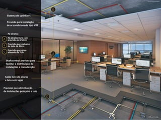 Ilustração artística do Infográfico

Sistema de sprinklers
Previsão para instalação
de ar condicionado tipo VRF
Pé-direito:

A Pé-direito livre com
previsão de 250cm
B Previsão para rebaixo
de teto de 20cm
C

Previsão para piso
elevado de 7cm

Shaft central previsto para
facilitar a distribuição de
instalações e manutenção

Salão livre de pilares
e teto sem vigas
Previsão para distribuição
de instalações pelo piso e teto

 