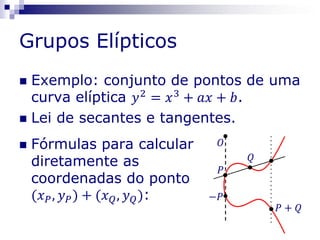 Grupos Elípticos
 Exemplo: conjunto de pontos de uma
curva elíptica 𝑦2
= 𝑥3
+ 𝑎𝑥 + 𝑏.
 Lei de secantes e tangentes.
𝑃
𝑄
𝑃 + 𝑄
−𝑃
𝑂 Fórmulas para calcular
diretamente as
coordenadas do ponto
(𝑥 𝑃, 𝑦 𝑃) + (𝑥 𝑄, 𝑦 𝑄):
 