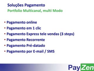 Soluções Pagamento
Portfolio Multicanal, multi Modo
• Pagamento online
• Pagamento em 1 clic
• Pagamento Express tele vendas (3 steps)
• Pagamento Recorrente
• Pagamento Pré-datado
• Pagamento por E-mail / SMS
 