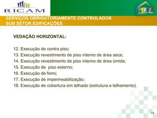 SERVIÇOS OBRIGATORIAMENTE CONTROLADOS
SUB SETOR EDIFICAÇÕES


  VEDAÇÃO HORIZONTAL:

  12. Execução de contra piso;
  13. Execução revestimento de piso interno de área seca;
  14. Execução revestimento de piso interno de área úmida;
  15. Execução de piso externo;
  16. Execução de forro;
  17. Execução de impermeabilização;
  18. Execução de cobertura em telhado (estrutura e telhamento).




                                                                   14
 
