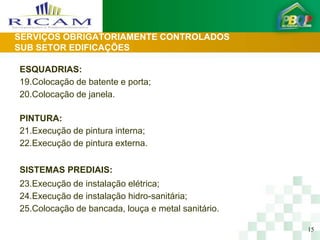 SERVIÇOS OBRIGATORIAMENTE CONTROLADOS
SUB SETOR EDIFICAÇÕES

ESQUADRIAS:
19.Colocação de batente e porta;
20.Colocação de janela.

PINTURA:
21.Execução de pintura interna;
22.Execução de pintura externa.

SISTEMAS PREDIAIS:
23.Execução de instalação elétrica;
24.Execução de instalação hidro-sanitária;
25.Colocação de bancada, louça e metal sanitário.

                                                    15
 