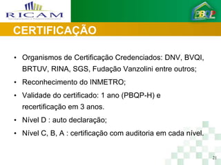 CERTIFICAÇÃO

• Organismos de Certificação Credenciados: DNV, BVQI,
  BRTUV, RINA, SGS, Fudação Vanzolini entre outros;
• Reconhecimento do INMETRO;
• Validade do certificado: 1 ano (PBQP-H) e
  recertificação em 3 anos.
• Nível D : auto declaração;
• Nível C, B, A : certificação com auditoria em cada nível.


                                                              21
 