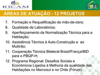 ÁREAS DE ATUAÇÃO - 12 PROJETOS
7.  Formação e Requalificação de mão-de-obra;
8.  Qualidade de Laboratórios;
9.  Aperfeiçoamento da Normalização Técnica para a
    Habitação;
10. Assistência Técnica à Auto-Construção e ao
    Multirão;
11. Cooperação Técnica Bilateral Brasil/França/BID
    para o PBQP-H;
12. Programa Regional: Desafios Sociais e
    Econômicos Ligados à Melhoria da qualidade das
    Habitações no Mercosul e no Chile (Fórum).       7
 