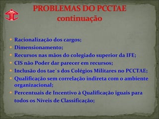 Racionalização dos cargos; Dimensionamento; Recursos nas mãos do colegiado superior da IFE; CIS não Poder dar parecer em recursos; Inclusão dos tae`s dos Colégios Militares no PCCTAE; Qualificação sem correlação indireta com o ambiente organizacional; Percentuais de Incentivo à Qualificação iguais para todos os Níveis de Classificação; 
