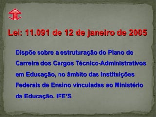Lei: 11.091 de 12 de janeiro de 2005 Dispõe   sobre a estruturação do Plano de Carreira dos Cargos Técnico-Administrativos em Educação, no âmbito das Instituições Federais de Ensino vinculadas ao Ministério da Educação. IFE’S 