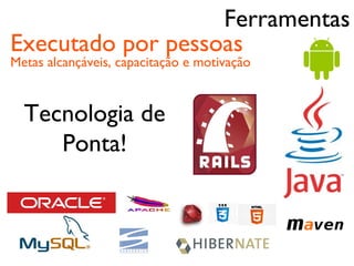 Ferramentas
Executado por pessoas
Metas alcançáveis, capacitação e motivação


  Tecnologia de
     Ponta!
 