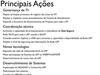 Principais Ações
Governança de TI
Mapear principais processos de negócio das áreas da STI
Planejar e implantar novos procedimentos da Central de Atendimento
Expandir o Escritório de Gerenciamento de Projetos para toda a STI

Coordenação técnica
Aumentar a capacidade de armazenamento e redundância da Sala Segura
Rede WI-FI para toda a UFF usando o IDUFF
Conexão externa: duplicar o LINK para aumentar a capacidade e disponibilidade da Rede UFF
Ampliar o nível de segurança das informações da Rede UFF

Novas tecnologias
Expansão das salas de videoconferência na UFF
Maior participação de Eventos da UFF na WEBTV/UNITEVÊ
Desenvolvimento de novos sites da UFF

Desenvolvimento de Sistemas
Implantação do SIGADOC e Carteirinha UFF
Padronização dos sistemas
 
