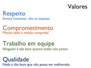 Valores
Respeito
Somos humanos, não se esqueça

Comprometimento
Missão dada é missão cumprida!


Trabalho em equipe
Ninguém é tão bom quanto todos nós juntos


Qualidade
Nada é tão bom que não possa ser melhorado
 