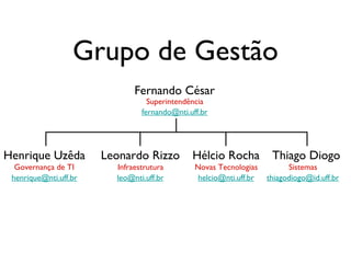 Grupo de Gestão
                              Fernando César
                                  Superintendência
                                fernando@nti.uff.br




Henrique Uzêda         Leonardo Rizzo         Hélcio Rocha           Thiago Diogo
  Governança de TI       Infraestrutura        Novas Tecnologias          Sistemas
 henrique@nti.uff.br     leo@nti.uff.br         helcio@nti.uff.br   thiagodiogo@id.uff.br
 
