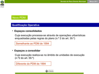 Novo PDM: Qualificação Operativa Espaços consolidados Espaços a consolidar Cuja execução processa-se através de operações urbanísticas enquadradas pelas regras do plano (n.º 2 do art. 39.º) Semelhante ao PDM de 1994 Cuja execução realiza-se no âmbito de unidades de execução (n.º2 do art. 59.º) Diferente do PDM de 1994 