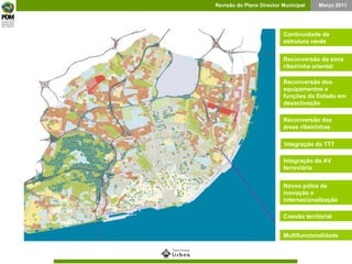 Reconversão da zona ribeirinha oriental Reconversão dos equipamentos e funções do Estado em desactivação Continuidade da estrutura verde Integração da TTT  Integração da AV ferroviária Reconversão das áreas ribeirinhas  Coesão territorial Novos pólos de inovação e internacionalização Multifuncionalidade 