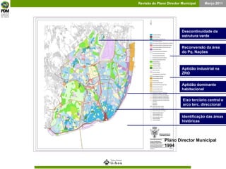 Plano Director Municipal 1994 Reconversão da área do Pq. Nações Aptidão industrial na ZRO Descontinuidade da estrutura verde Eixo terciário central e arco terc. direccional Identificação das áreas históricas Aptidão dominante habitacional 