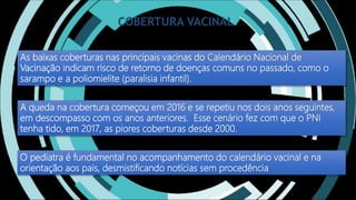 COBERTURA VACINAL
As baixas coberturas nas principais vacinas do Calendário Nacional de
Vacinação indicam risco de retorno...