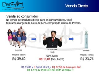 Venda Direta 1ª Forma de Ganho Venda ao consumidor Na venda de produtos direto para os consumidores, você  tem uma margem de lucro de 66% comprando direto da Perfam. Perfam Sport 50ml R$ 15,84 x  3  Sport 50 ml =  R$ 47,52 de lucro por dia! R$ 1.473,12 POR MÊS SÓ COM VENDAS !!!  R$ 23,76 PREÇO DA FÁBRICA 66% lucro   R$ 15,84  (seu lucro)  DISTRIBUIDOR (VOCÊ) CLIENTES R$ 39,60 PREÇO AO CLIENTE PERFAM 