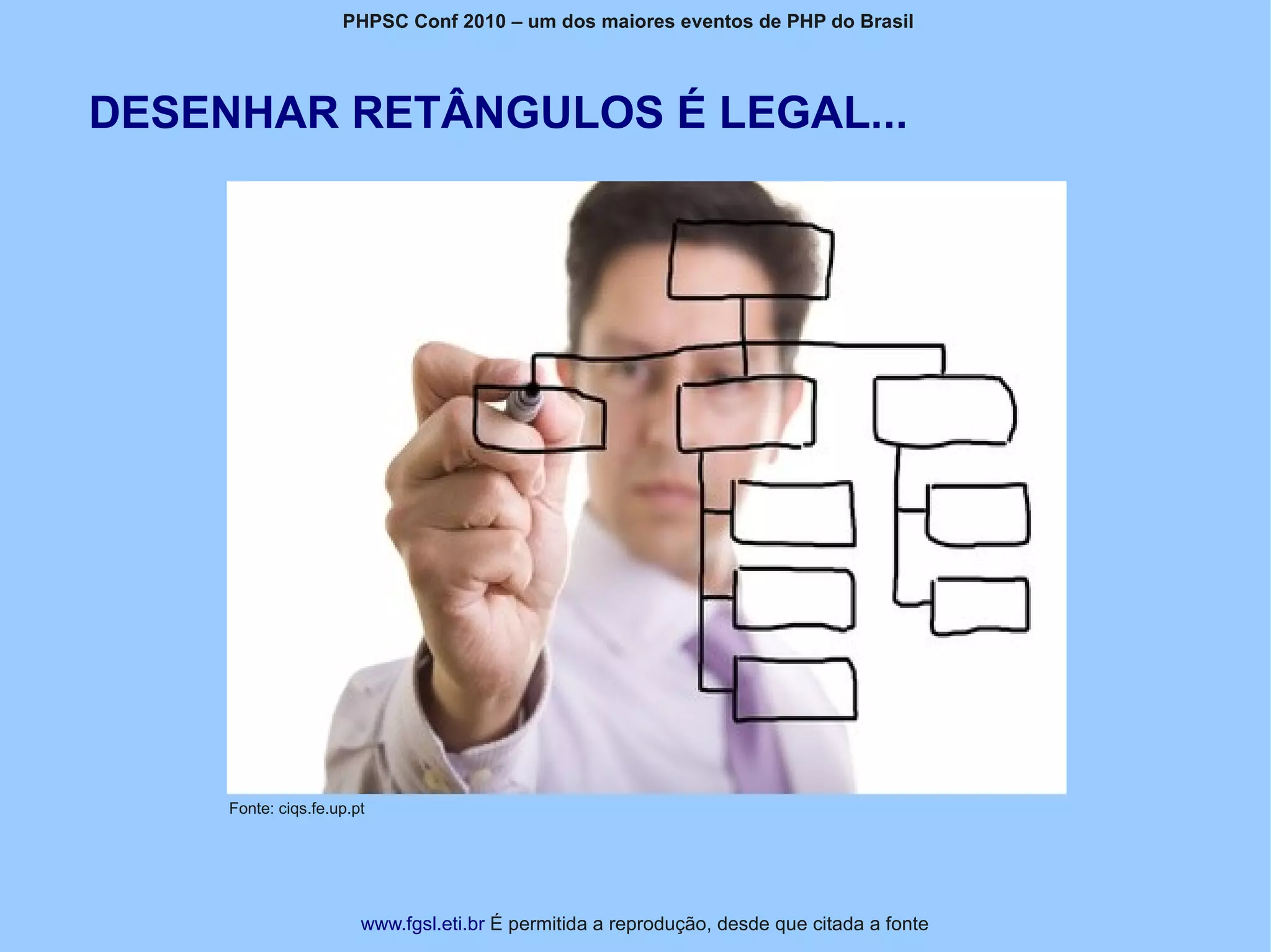 PHPSC Conf 2010 – um dos maiores eventos de PHP do Brasil




DESENHAR RETÂNGULOS É LEGAL...




     Fonte: ciqs.fe.up.pt




                        www.fgsl.eti.br É permitida a reprodução, desde que citada a fonte
 