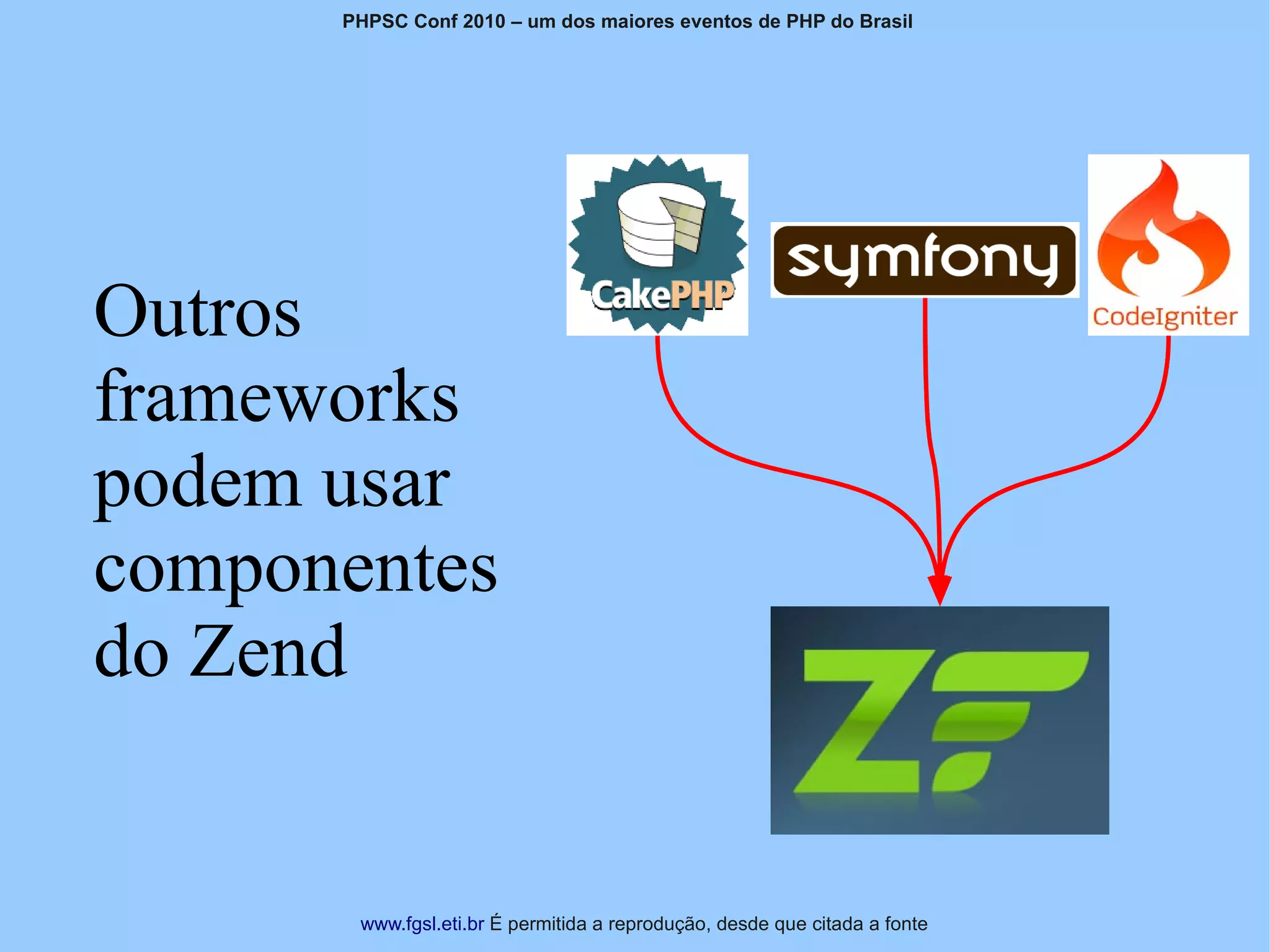 PHPSC Conf 2010 – um dos maiores eventos de PHP do Brasil




Outros
frameworks
podem usar
componentes
do Zend


       www.fgsl.eti.br É permitida a reprodução, desde que citada a fonte
 