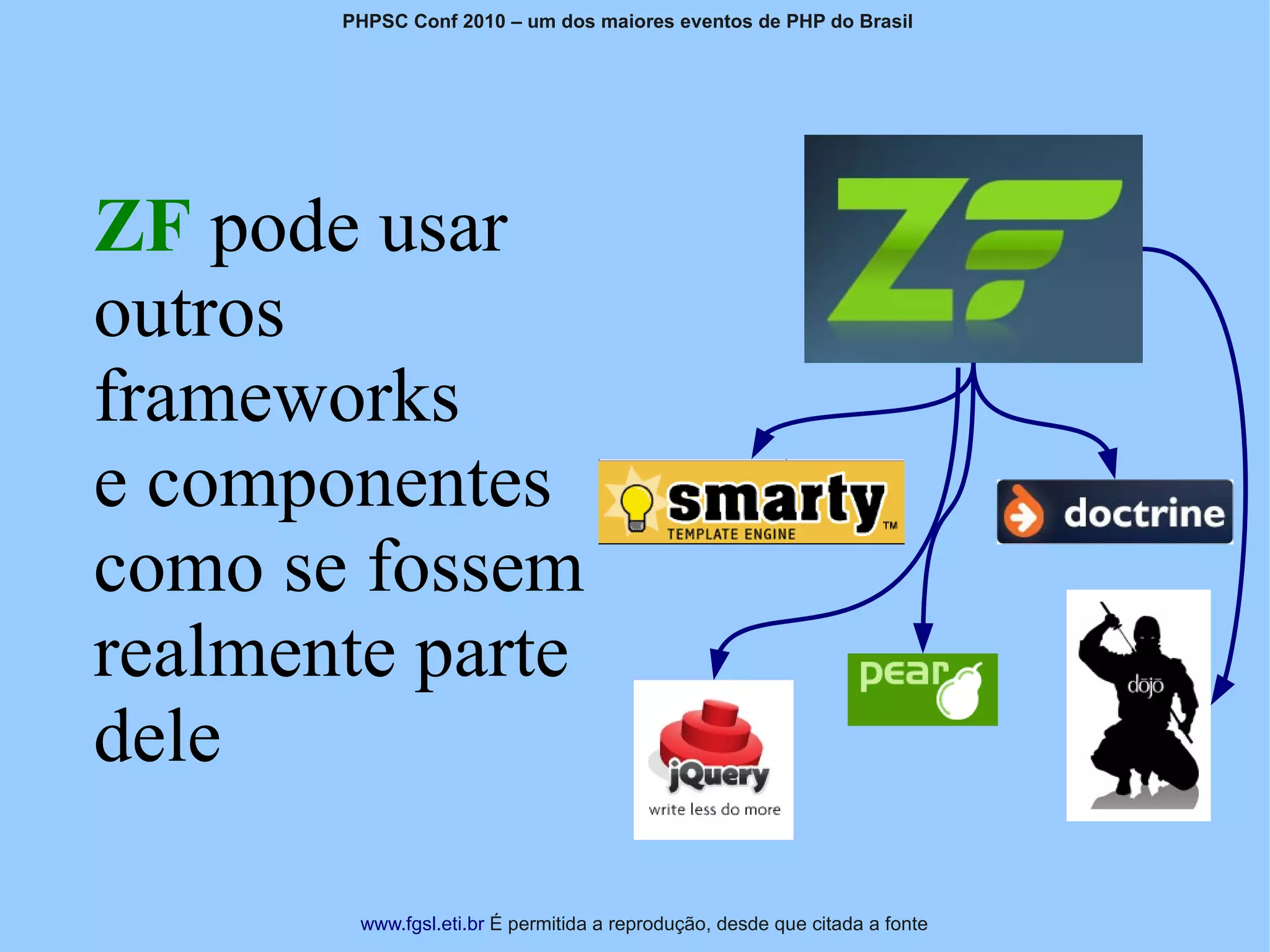 PHPSC Conf 2010 – um dos maiores eventos de PHP do Brasil




ZF pode usar
outros
frameworks
e componentes
como se fossem
realmente parte
dele

        www.fgsl.eti.br É permitida a reprodução, desde que citada a fonte
 