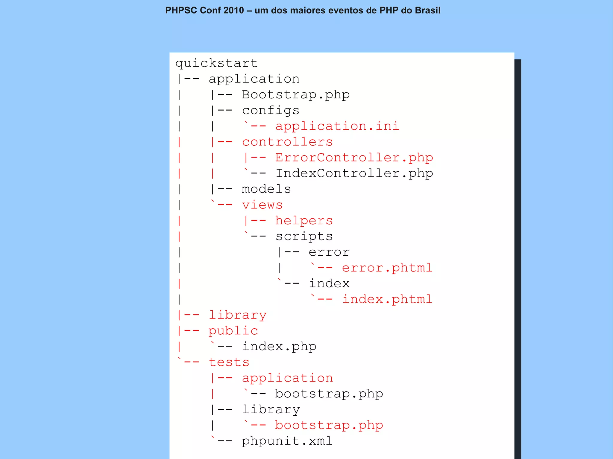 PHPSC Conf 2010 – um dos maiores eventos de PHP do Brasil




 quickstart
 |-- application
 |      |-- Bootstrap.php
 |      |-- configs
 |      |         `-- application.ini
 |      |-- controllers
 |      |         |-- ErrorController.php
 |      |         `-- IndexController.php
 |      |-- models
 |      `-- views
 |                |-- helpers
 |                `-- scripts
 |                    |-- error
 |                    |    `-- error.phtml
 |                    `-- index
 |                         `-- index.phtml
 |-- library
 |-- public
 |      `-- index.php
 `-- tests
        |-- application
        |         `-- bootstrap.php
        |-- library
        |         `-- bootstrap.php
 www.fgsl.eti.br Éphpunit.xml desde que citada a fonte
        `-- permitida a reprodução,
                                                            Zend
 