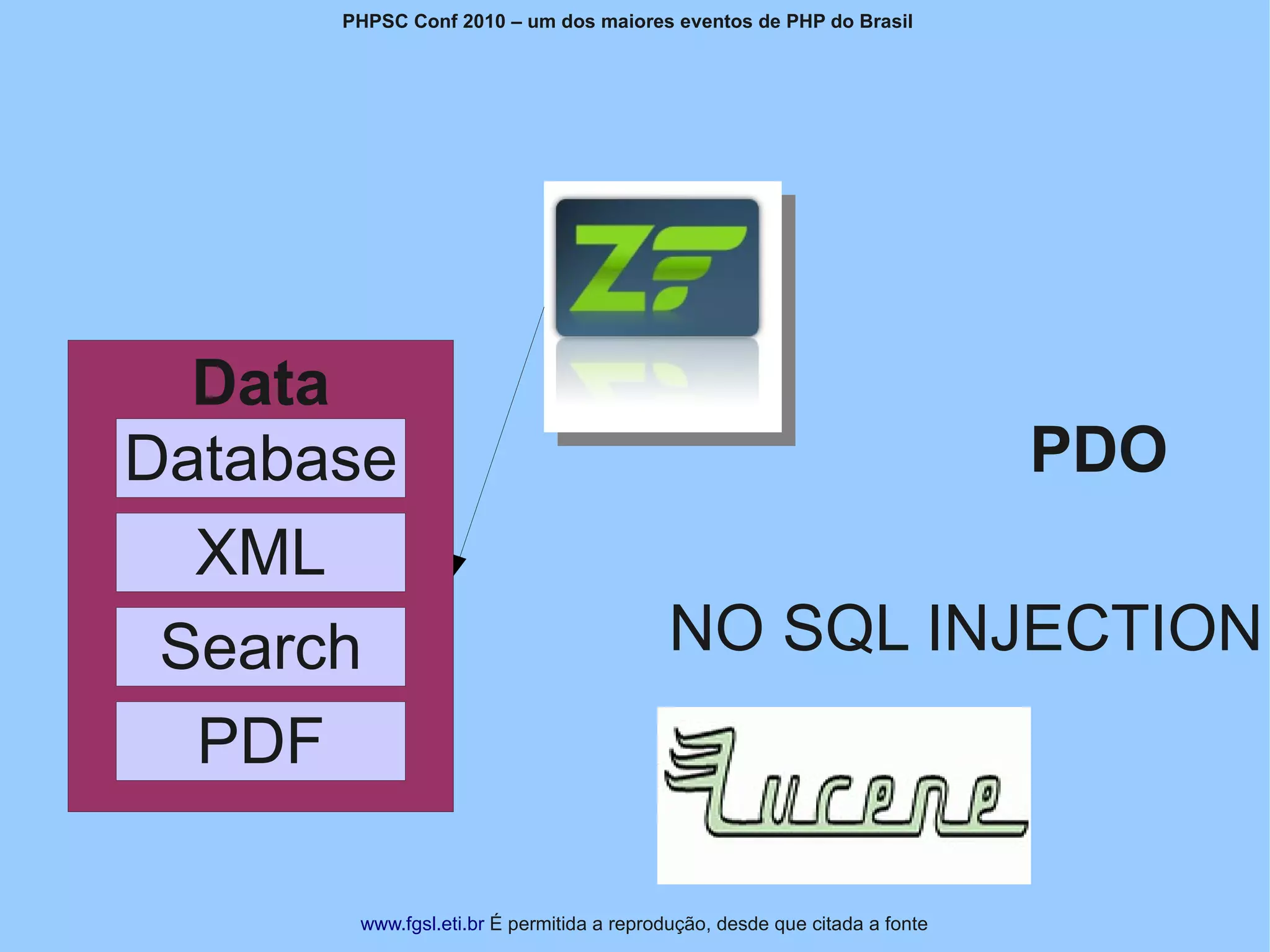 PHPSC Conf 2010 – um dos maiores eventos de PHP do Brasil




  Data
Database                                                                    PDO
  XML
 Search                                   NO SQL INJECTION
  PDF

       www.fgsl.eti.br É permitida a reprodução, desde que citada a fonte
 