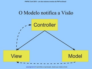 PHPSC Conf 2010 – um dos maiores eventos de PHP do Brasil




  O Modelo notifica a Visão

                    Controller




View                                                                         Model
        www.fgsl.eti.br É permitida a reprodução, desde que citada a fonte
 