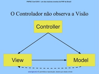 PHPSC Conf 2010 – um dos maiores eventos de PHP do Brasil




O Controlador não observa a Visão

                    Controller




View                                                                         Model
        www.fgsl.eti.br É permitida a reprodução, desde que citada a fonte
 