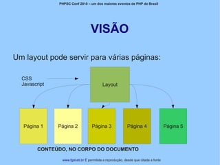 PHPSC Conf 2010 – um dos maiores eventos de PHP do Brasil




                                  VISÃO

Um layout pode servir para várias páginas:

  CSS
  Javascript                              Layout




   Página 1    Página 2            Página 3                Página 4                  Página 5



         CONTEÚDO, NO CORPO DO DOCUMENTO

                www.fgsl.eti.br É permitida a reprodução, desde que citada a fonte
 