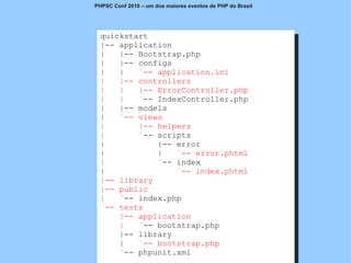 PHPSC Conf 2010 – um dos maiores eventos de PHP do Brasil




 quickstart
 |-- application
 |      |-- Bootstrap.php
 |      |-- configs
 |      |         `-- application.ini
 |      |-- controllers
 |      |         |-- ErrorController.php
 |      |         `-- IndexController.php
 |      |-- models
 |      `-- views
 |                |-- helpers
 |                `-- scripts
 |                    |-- error
 |                    |    `-- error.phtml
 |                    `-- index
 |                         `-- index.phtml
 |-- library
 |-- public
 |      `-- index.php
 `-- tests
        |-- application
        |         `-- bootstrap.php
        |-- library
        |         `-- bootstrap.php
 www.fgsl.eti.br Éphpunit.xml desde que citada a fonte
        `-- permitida a reprodução,
                                                            Zend
 