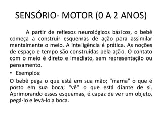 SENSÓRIO- MOTOR (0 A 2 ANOS)
      A partir de reflexos neurológicos básicos, o bebê
começa a construir esquemas de ação para assimilar
mentalmente o meio. A inteligência é prática. As noções
de espaço e tempo são construídas pela ação. O contato
com o meio é direto e imediato, sem representação ou
pensamento.
• Exemplos:
O bebê pega o que está em sua mão; "mama" o que é
posto em sua boca; "vê" o que está diante de si.
Aprimorando esses esquemas, é capaz de ver um objeto,
pegá-lo e levá-lo a boca.
 