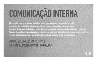 COMUNICAÇÃO INTERNA
Nesse pilar, nossa proposta é alinhar todas as informações e garantir um total
engajamento entre toda a equipe do cliente . Iremos encontrar os meios mais
eficazes de aproximar todas as áreas de uma empresa e assim garantir melhores resultados.
Quanto mais eficaz a propagação da informação interna e o envolvimento entre todos os níveis
de uma organização, mais facilmente os objetivos comuns serão consolidados.

RESULTADO: MELHORA NO NÍVEL
DE CONHECIMENTO DAS INFORMAÇÕES.

                                                                                       PIL
                                                                                         4R
 