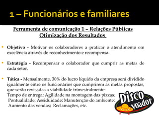 Ferramenta de comunicação 1 – Relações Públicas
                Otimização dos Resultados

   Objetivo - Motivar os colaboradores a praticar o atendimento em
    excelência através de reconhecimento e recompensa.

   Estratégia - Recompensar o colaborador que cumprir as metas de
    cada setor.

   Tática - Mensalmente, 30% do lucro líquido da empresa será dividido
    igualmente entre os funcionários que cumprirem as metas propostas,
    que serão revisadas a viabilidade trimestralmente:
    Tempo de entrega; Agilidade na montagem das pizzas;
     Pontualidade; Assiduidade; Manutenção do ambiente;
     Aumento das vendas; Reclamações, etc.
 