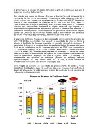 O primeiro poço a produzir em escala comercial no pré-sal do campo de Lula já é o
poço mais produtivo da Companhia.

Em relação aos blocos da Cessão Onerosa, a Companhia está considerando a
perfuração de dez poços exploratórios, contemplados pelo programa exploratório
mínimo exigido pelo contrato, e a entrada em produção do primeiro FPSO da área em
Franco 1, com capacidade de produção de 150 mil boed em 2015. Além do
desenvolvimento dos projetos que já integravam a carteira do segmento, a Companhia
também está considerando impulsionar o Projeto Varredura, cujo objetivo é o
mapeamento de oportunidades exploratórias próximas a infraestrutura existente ou
passível de remanejamento. Foram mapeados 284 prospectos nas Bacias de Espírito
Santo e de Campos e as descobertas nessas áreas já apresentaram uma estimativa
de volume recuperável de pelo menos 2.235 milhões de barris de óleo.

O segmento de Refino, Transporte e Comercialização tem investimentos previstos de
US$ 70,6 bilhões. A estratégia visa expandir a capacidade de refino de forma a
atender a totalidade da demanda esperada no mercado nacional de derivados. A
expectativa é de um forte crescimento da demanda doméstica, de aproximadamente
3,8% a.a. no cenário base e 4,5% no cenário alternativo até 2020, como consequência
do crescimento esperado da economia brasileira. Neste sentido, aproximadamente
US$ 35,4 bilhões (50,1%) estão sendo alocados na ampliação do parque de refino.
Essa dinâmica requer investimentos não apenas em novas unidades, mas também em
melhoria operacional, ampliação de frota e logística (US$ 17,6 bilhões). Os
investimentos em qualidade de derivados (redução de enxofre) totalizam
aproximadamente US$ 16,9 bilhões entre 2011 e 2015, e visam concluir os
investimentos necessários para atender à legislação local.

Com relação ao aumento da capacidade de processamento de petróleo, metas
específicas de redução de custo na construção das novas refinarias foram definidas e
devem ser alcançadas na elaboração dos projetos de construção e pelo programa de
redução de custos operacionais.

                      Mercado de Derivados de Petróleo no Brasil
                                                                                 4,5% a.a.
            mil bpd                                             3,8% a.a.
                                                                                  3.327
     3500                                                        3.095
                                                                                     407
     3000                     2.643                                 347
                                                  2.536                              134
                                                                    128
     2500     2.147              297
                                                     295
                                124
                                                     108
                228                                                                 1415
     2000       98
                                                                   1276

                                1057
                                                    1035
     1500       842
                                                                    196              210
                                 162                 160
     1000       109                                                 334              335
                                 259                 260
                248
      500                        508                                567              573
                402                                  446

                220             236                  233            247              253
        0
                              Cenário A           Cenário B     Cenário A        Cenário B
               2010                         2015                                 2020


                 GLP       Gasolina       Nafta      QAV      Diesel        OC   Outros
 