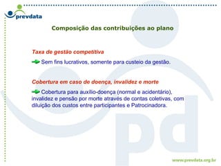Composição das contribuições ao plano
Taxa de gestão competitiva
Sem fins lucrativos, somente para custeio da gestão.
Cobertura em caso de doença, invalidez e morte
Cobertura para auxílio-doença (normal e acidentário),
invalidez e pensão por morte através de contas coletivas, com
diluição dos custos entre participantes e Patrocinadora.
 
