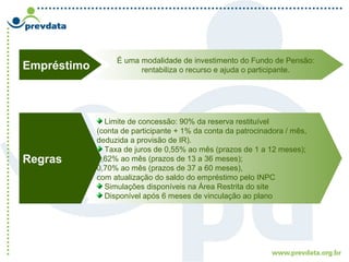 Empréstimo
É uma modalidade de investimento do Fundo de Pensão:
rentabiliza o recurso e ajuda o participante.
Regras
Limite de concessão: 90% da reserva restituível
(conta de participante + 1% da conta da patrocinadora / mês,
deduzida a provisão de IR).
Taxa de juros de 0,55% ao mês (prazos de 1 a 12 meses);
0,62% ao mês (prazos de 13 a 36 meses);
0,70% ao mês (prazos de 37 a 60 meses),
com atualização do saldo do empréstimo pelo INPC
Simulações disponíveis na Área Restrita do site
Disponível após 6 meses de vinculação ao plano
 