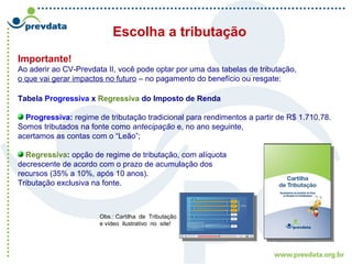 Escolha a tributação
Importante!
Ao aderir ao CV-Prevdata II, você pode optar por uma das tabelas de tributação,
o que vai gerar impactos no futuro – no pagamento do benefício ou resgate:
Tabela Progressiva x Regressiva do Imposto de Renda
Progressiva: regime de tributação tradicional para rendimentos a partir de R$ 1.710,78.
Somos tributados na fonte como antecipação e, no ano seguinte,
acertamos as contas com o “Leão”;
Regressiva: opção de regime de tributação, com alíquota
decrescente de acordo com o prazo de acumulação dos
recursos (35% a 10%, após 10 anos).
Tributação exclusiva na fonte.
Obs.: Cartilha de Tributação
e vídeo ilustrativo no site!
 