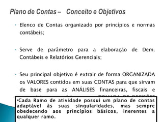 Elenco de Contas organizado por princípios e normas contábeis; Serve de parâmetro para a elaboração de Dem. Contábeis e Relatórios Gerenciais; Seu principal objetivo é extrair de forma ORGANIZADA os VALORES contidos em suas CONTAS para que sirvam de base para as ANÁLISES financeiras, fiscais e gerenciais  necessárias para a TOMADA DE DECISÕES nas empresas e suprir a necessidade do FISCO. Cada Ramo de atividade possui um plano de contas adaptável às suas singularidades, mas sempre obedecendo aos princípios básicos, inerentes a qualquer ramo. 