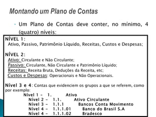 Um Plano de Contas deve conter, no mínimo, 4 (quatro) níveis: NÍVEL 1:  Ativo, Passivo, Patrimônio Líquido, Receitas, Custos e Despesas; NÍVEL 2: Ativo:  Circulante e Não Circulante; Passivo:  Circulante, Não Circulante e Patrimônio Líquido; Receitas:  Receita Bruta, Deduções da Receita, etc; Custos e Despesas : Operacionais e Não Operacionais. Nível 3 e 4 :  Contas que evidenciem os grupos a que se referem, como por exemplo:   Nível 1 –  1.  Ativo    Nível 2 -  1.1.  Ativo Circulante    Nível 3 -  1.1.1  Bancos Conta Movimento    Nível 4 -  1.1.1.01  Banco do Brasil S.A  Nível 4 -  1.1.1.02  Bradesco 