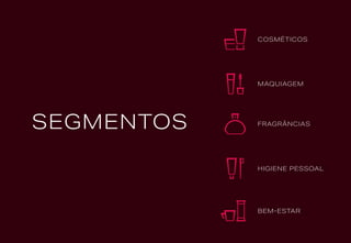 SEGMENTOS FRAGRÂNCIAS
COSMÉTICOS
BEM-ESTAR
HIGIENE PESSOAL
MAQUIAGEM
 