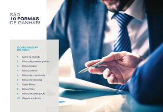 SÃO
10 FORMAS
DE GANHAR!
COMO MUDAR
DE VIDA:
1	 Lucro na revenda
2	 Bônus de primeiro pedido
3	 Bônus binário
4	 Bônus unilevel
5	 Bônus de crescimento
6	 Bônus de liderança
7	 Super Bônus
8	 Bônus Titan
9	 Bônus de participação
10	 Viagens e prêmios
 