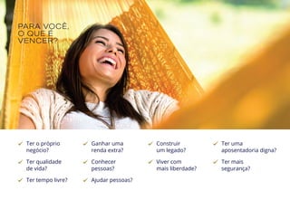 PARA VOCÊ,
O QUE É
VENCER?
Ter tempo livre? Ajudar pessoas?
Viver com
mais liberdade?
Ter uma
aposentadoria digna?
Ganhar uma
renda extra?
Conhecer
pessoas?
Construir
um legado?
Ter o próprio
negócio?
Ter qualidade
de vida?
Ter mais
segurança?
 