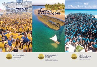 DIAMANTE
Cruzeiro pela
costa brasileira.
DIAMANTE
ELITE
Viagem para Resort
no Nordeste brasileiro.
DUPLO
DIAMANTE
Viagem para Cancún.
COMO VENCER
COM O GRUPO
HINODE
10.
VIAGENS
E PREMIAÇÕES
 