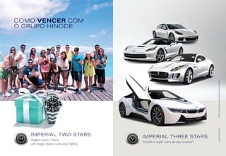 COMO VENCER COM
O GRUPO HINODE
IMPERIAL TWO STARS
Viagem para o Tahiti,
um relógio Rolex e uma joia Tiffany.
IMPERIAL THREE STARS
Escolha o super carro de seus sonhos*
Imagensilustrativas	*SaibamaisnoManualdeNegóciosGrupoHinode.
 