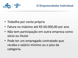 O Empreendedor Individual
• Trabalha por conta própria
• Fatura no máximo até R$ 60.000,00 por ano
• Não tem participação em outra empresa como
sócio ou titular
• Pode ter um empregado contratado que
receba o salário mínimo ou o piso da
categoria.
 