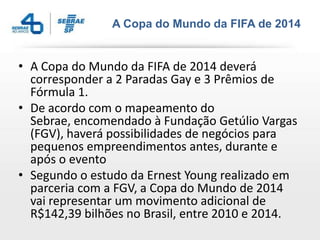 A Copa do Mundo da FIFA de 2014
• A Copa do Mundo da FIFA de 2014 deverá
corresponder a 2 Paradas Gay e 3 Prêmios de
Fórmula 1.
• De acordo com o mapeamento do
Sebrae, encomendado à Fundação Getúlio Vargas
(FGV), haverá possibilidades de negócios para
pequenos empreendimentos antes, durante e
após o evento
• Segundo o estudo da Ernest Young realizado em
parceria com a FGV, a Copa do Mundo de 2014
vai representar um movimento adicional de
R$142,39 bilhões no Brasil, entre 2010 e 2014.
 