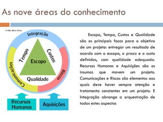 As nove áreas do conhecimento

                       Escopo, Tempo, Custos e Qualidade
                  são os principais focos para o objetivo
                  de um projeto: entregar um resultado de
                  acordo com o escopo, o prazo e o custo
                  definidos, com qualidade adequada.
                  Recursos Humanos e Aquisições são os
                  insumos que movem um projeto.
                  Comunicações e Riscos são elementos aos
                  quais deve haver sempre atenção e
                  tratamento constantes em um projeto. E
                  Integração abrange a orquestração de
                  todos estes aspectos
 
